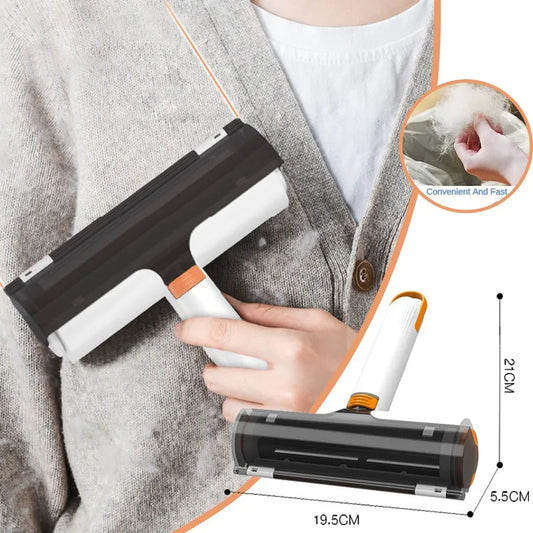 Person Pet hair and lint removal tool tool with close-up inset and its dimensions.