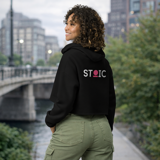 Person wearing a black STOIC hoodie with logo on the back, standing in an urban setting with a bridge and buildings in the background.