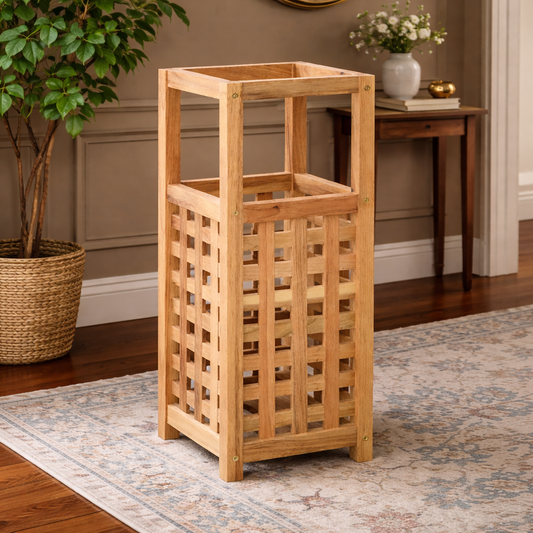 Wooden umbrella stand with lattice design on a rug in a room with a plant and table in the background.
