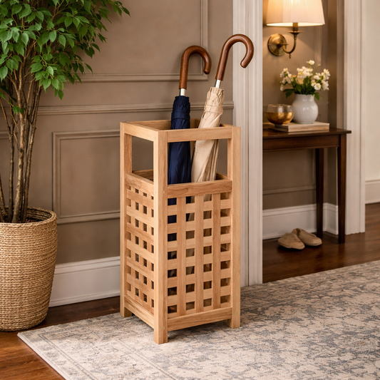 Wooden umbrella stand with umbrellas inside, placed in a home entryway.