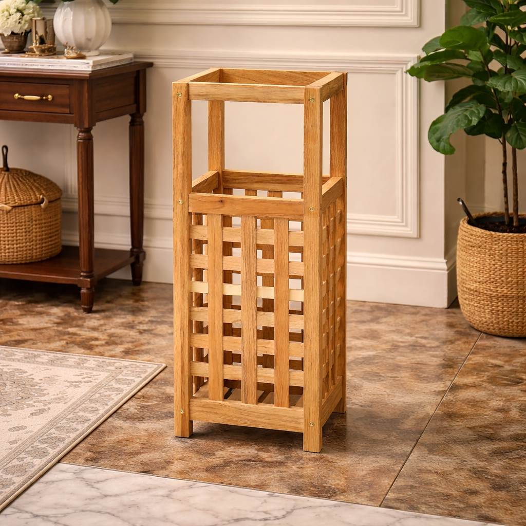 Wooden umbrella stand in a room with a rug, table, and plant.