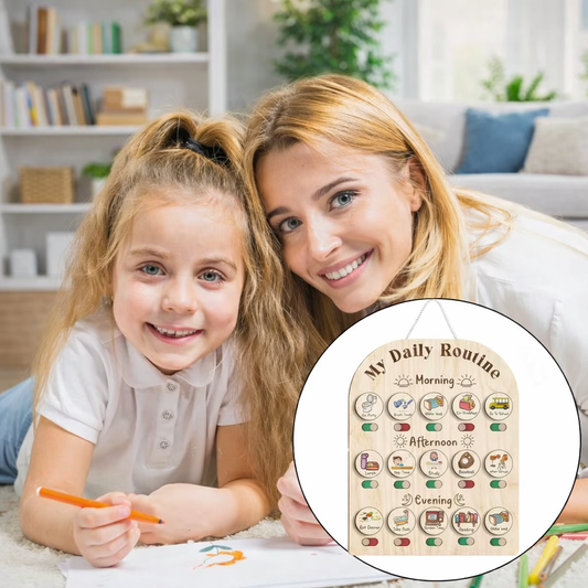 Woman and child lying on a couch with a 'My Daily Routine' chart inset.