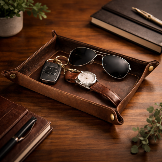 Brown leather tray with sunglasses, watch, and car keys on a wooden surface with books and plants.