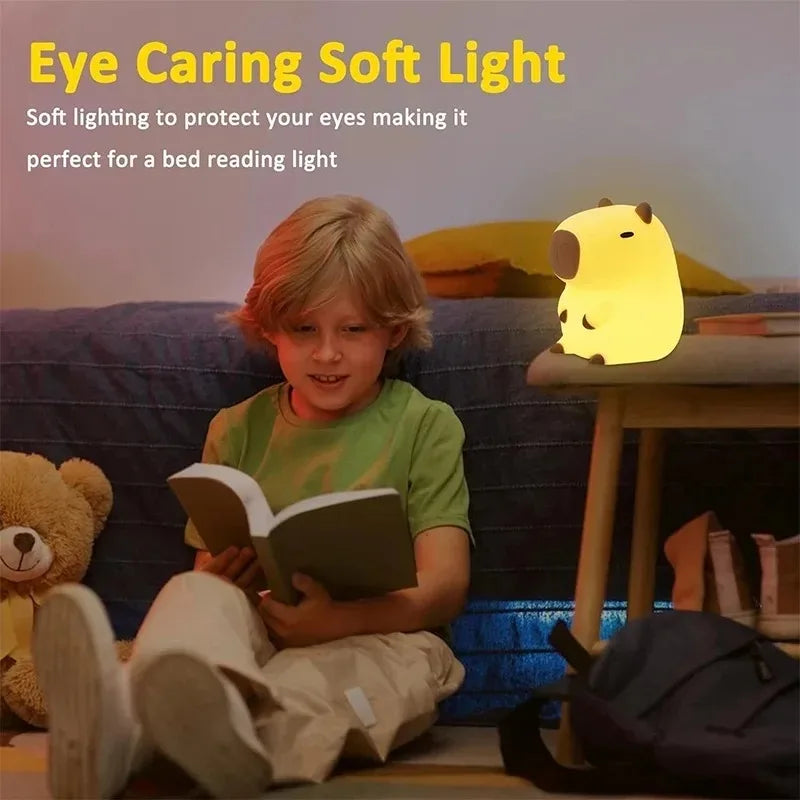 Child reading a book with a soft light source on a table next to them, in a cozy room setting.