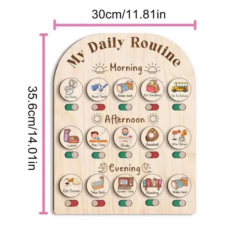 Wooden board with daily routine icons and measurements