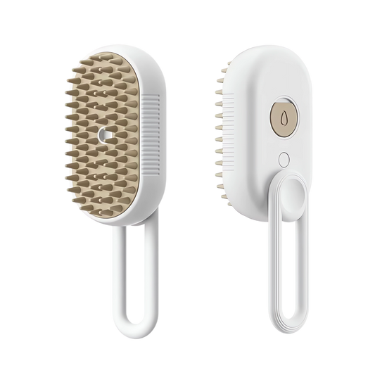 The Physis Mist Grooming Brush in Brown in white and beige colors, shown from different angles.