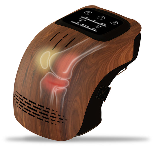 Wood grain colored electronic device for knee vibrating massager + heat with digital display on a white background