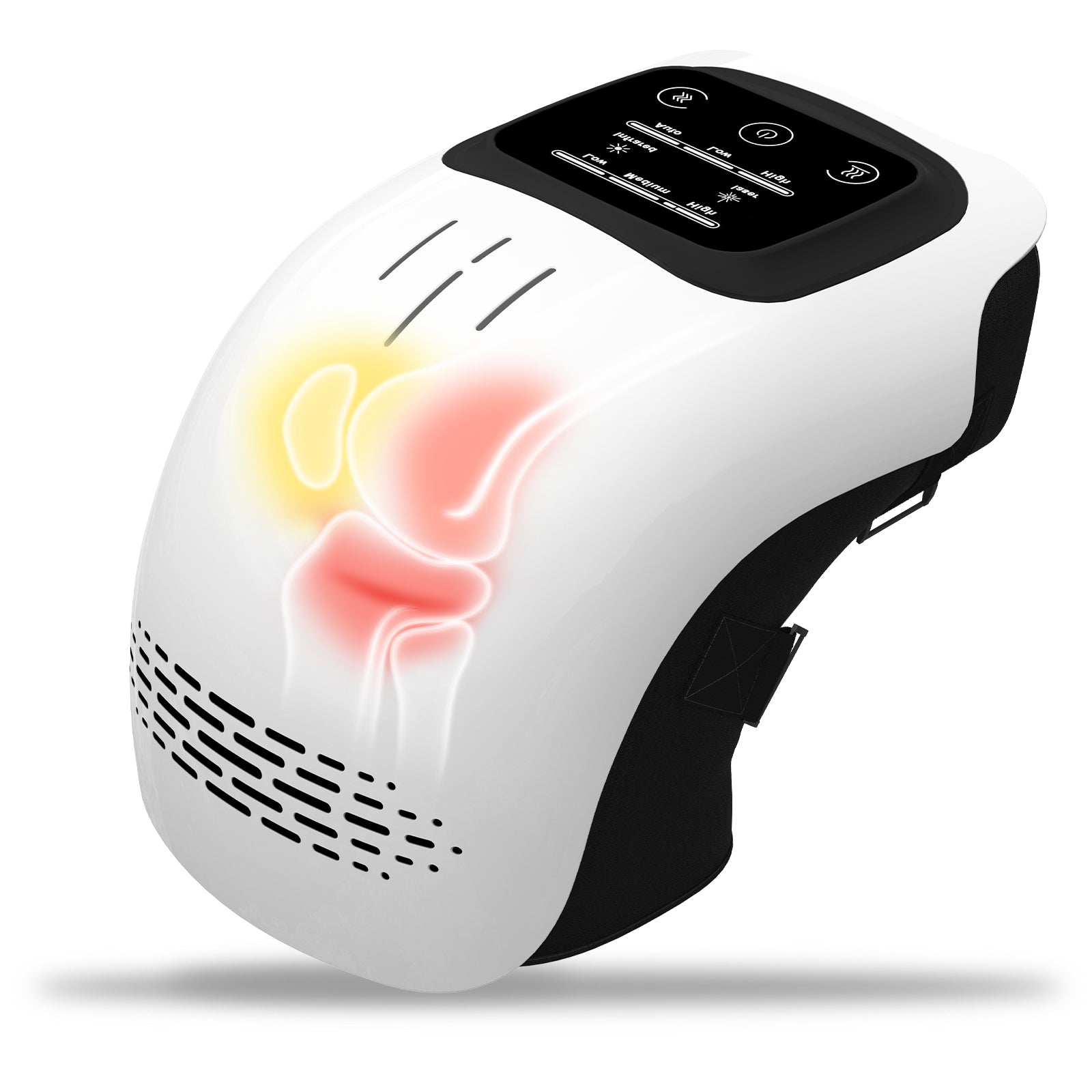 White and black Electronic device for knee vibrating massager + heat with digital display with digital display on a white background