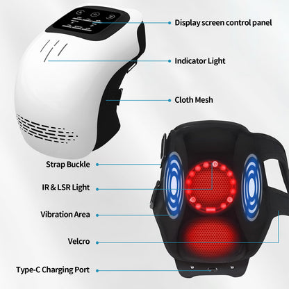 Technical diagram of an Electronic device for knee vibrating massager + heat with digital display device with labeled parts on a white background