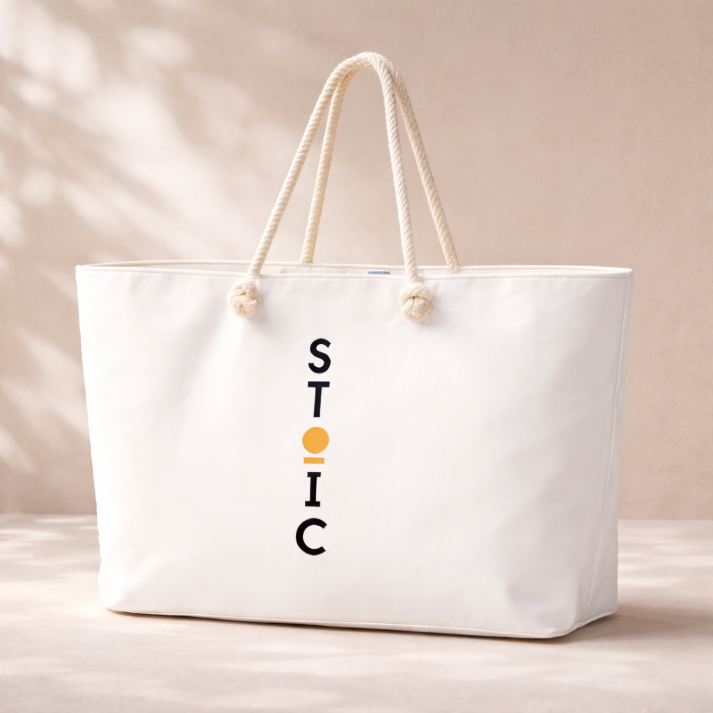 White STOIC tote bag with logo on a beige background