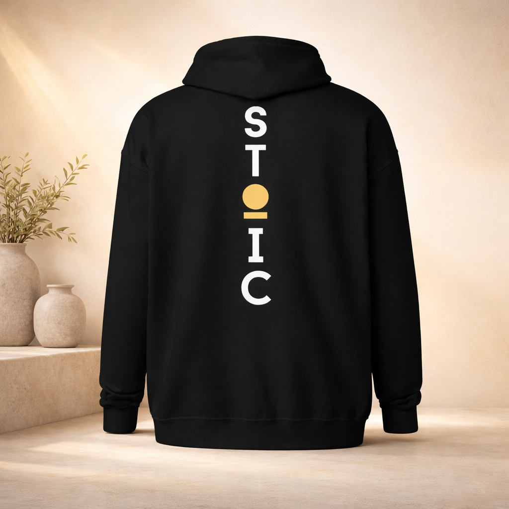 Black hoodie with 'STOIC' logo on the back against a neutral background