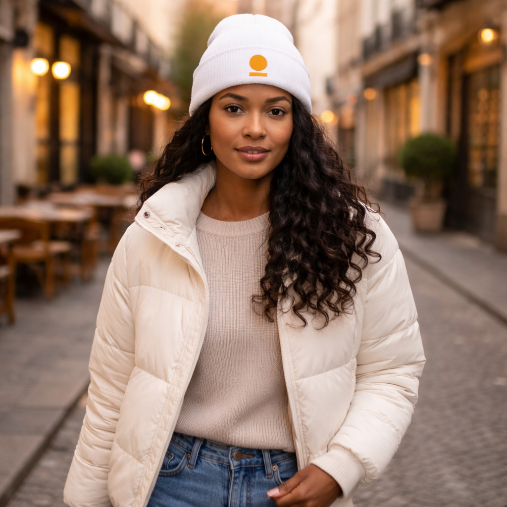 Woman wearing a white puffer jacket and STOIC beanie with embroidered logo on a city street.