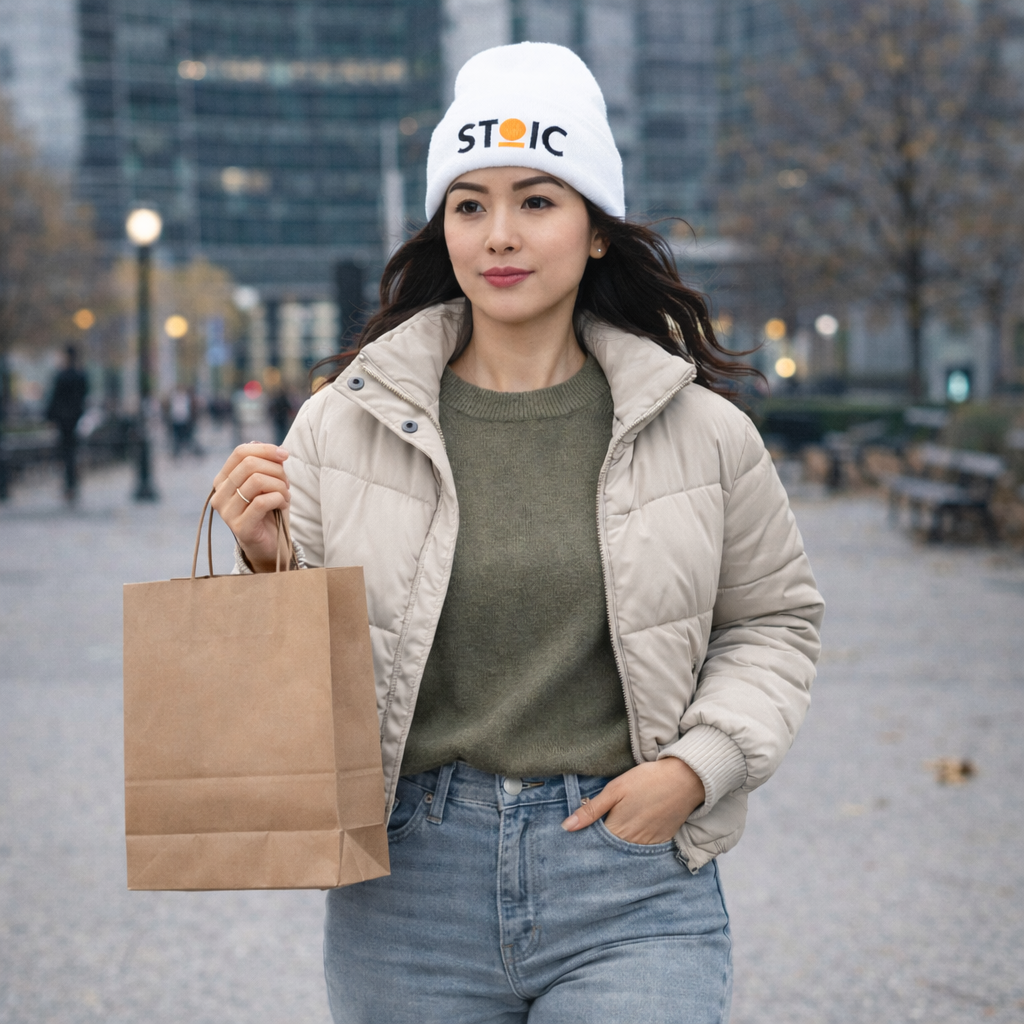 Woman wearing a white beanie with embroidered 'STORIC' logo, holding a brown paper bag in an urban setting.