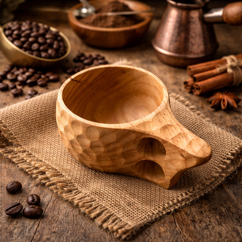 Wooden dimpled coffee mug on a rustic wooden surface with coffee beans and a copper grinder.