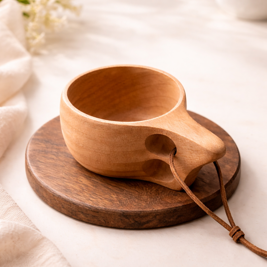 Wooden coffee mug with handle on a matching wooden coaster on a soft fabric background