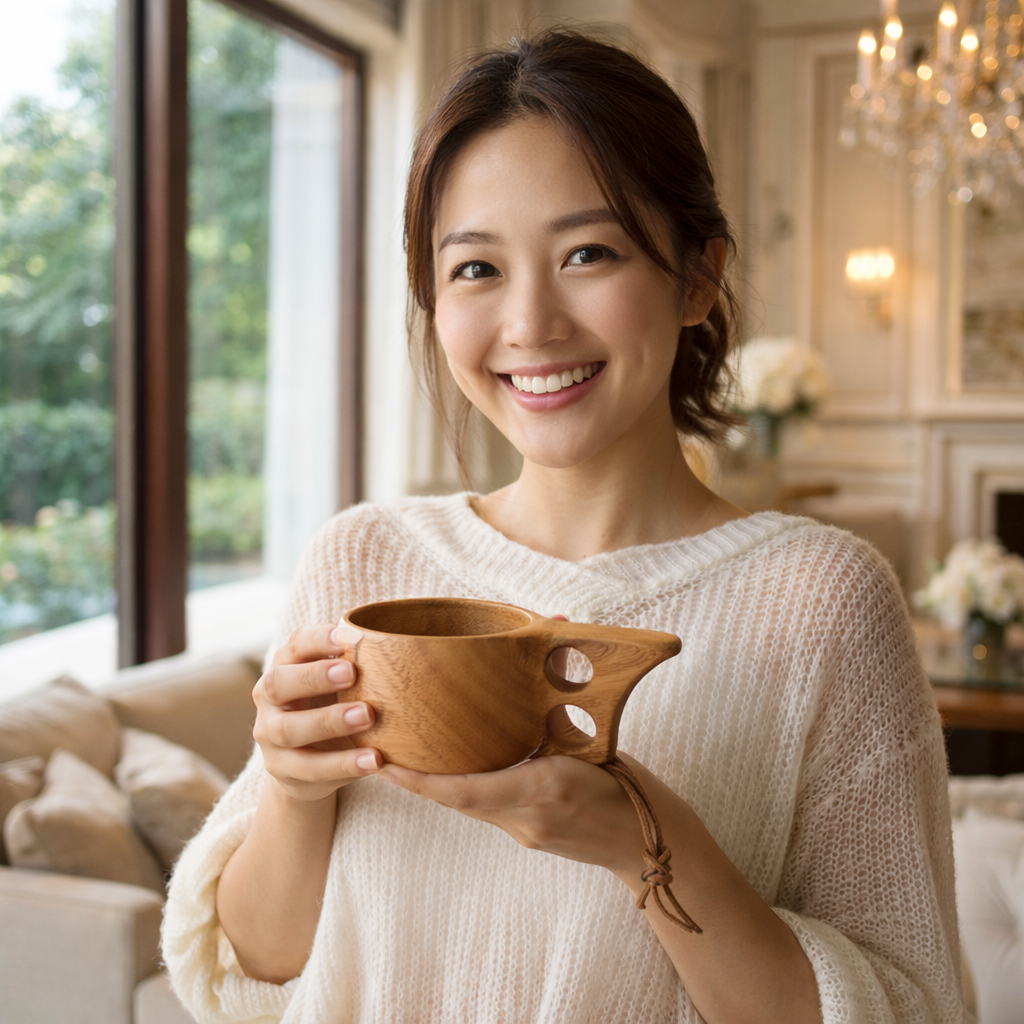 Woman holding a wooden mug in a cozy living room