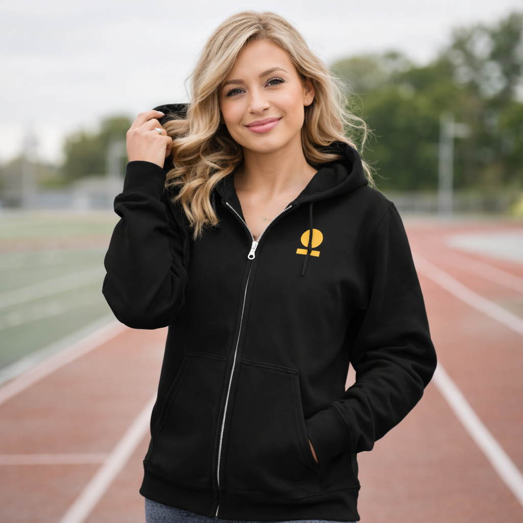 Woman wearing a black STOIC hoodie with embroidered logo on left chest a track field
