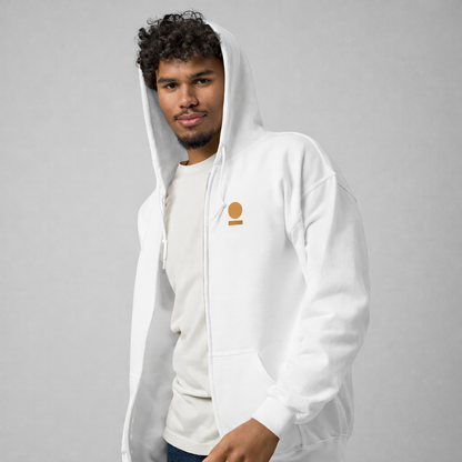 Person wearing a white STOIC hoodie with embroidered logo on left chest on a gray background