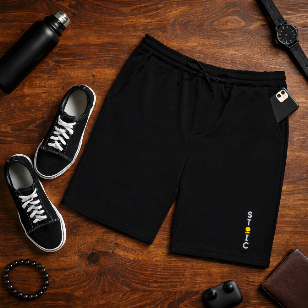 Black shorts with a vertical embroidered STOIC brand logo on let thigh to the side, on a wooden surface, surrounded by black sneakers and other items.