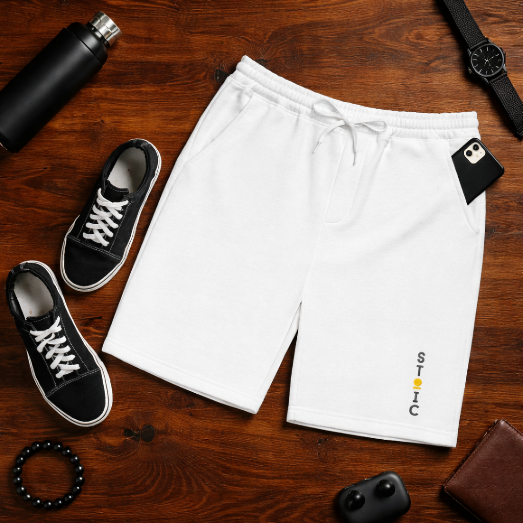 White shorts with a vertical embroidered STOIC brand logo on let thigh to the side, on a wooden surface, surrounded by black sneakers and other items.