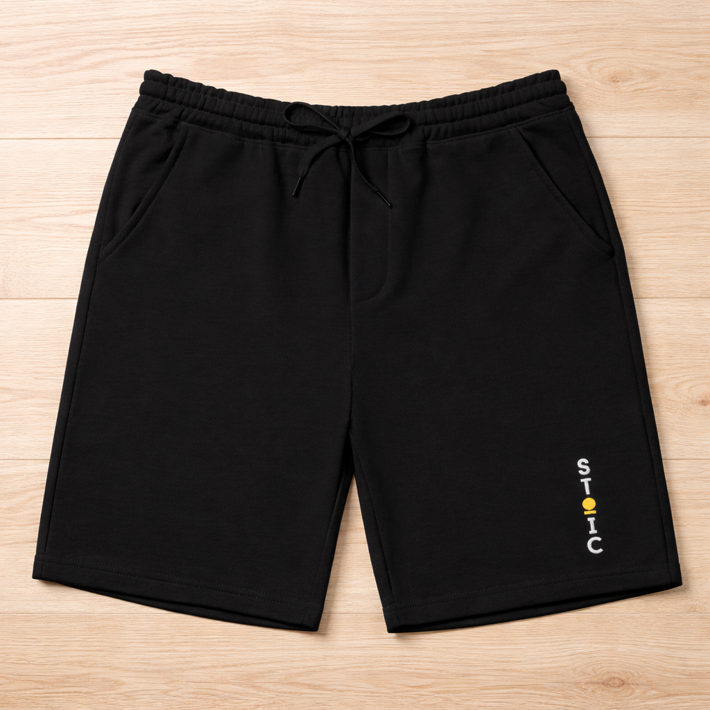 Black shorts with a embroidered vertical STOIC logo on a wooden surface