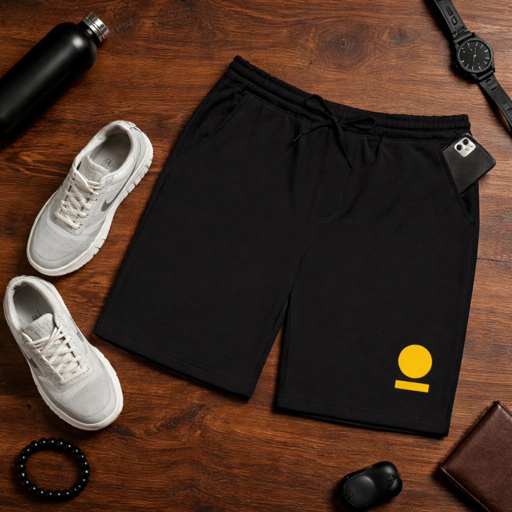 Black STOIC shorts with embroidered brand logo on let thigh to the side, on a wooden surface, surrounded by white sneakers and other items.