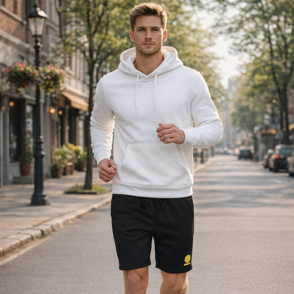 Man in black STOIC shorts with embroidered logo jogging in a city street.