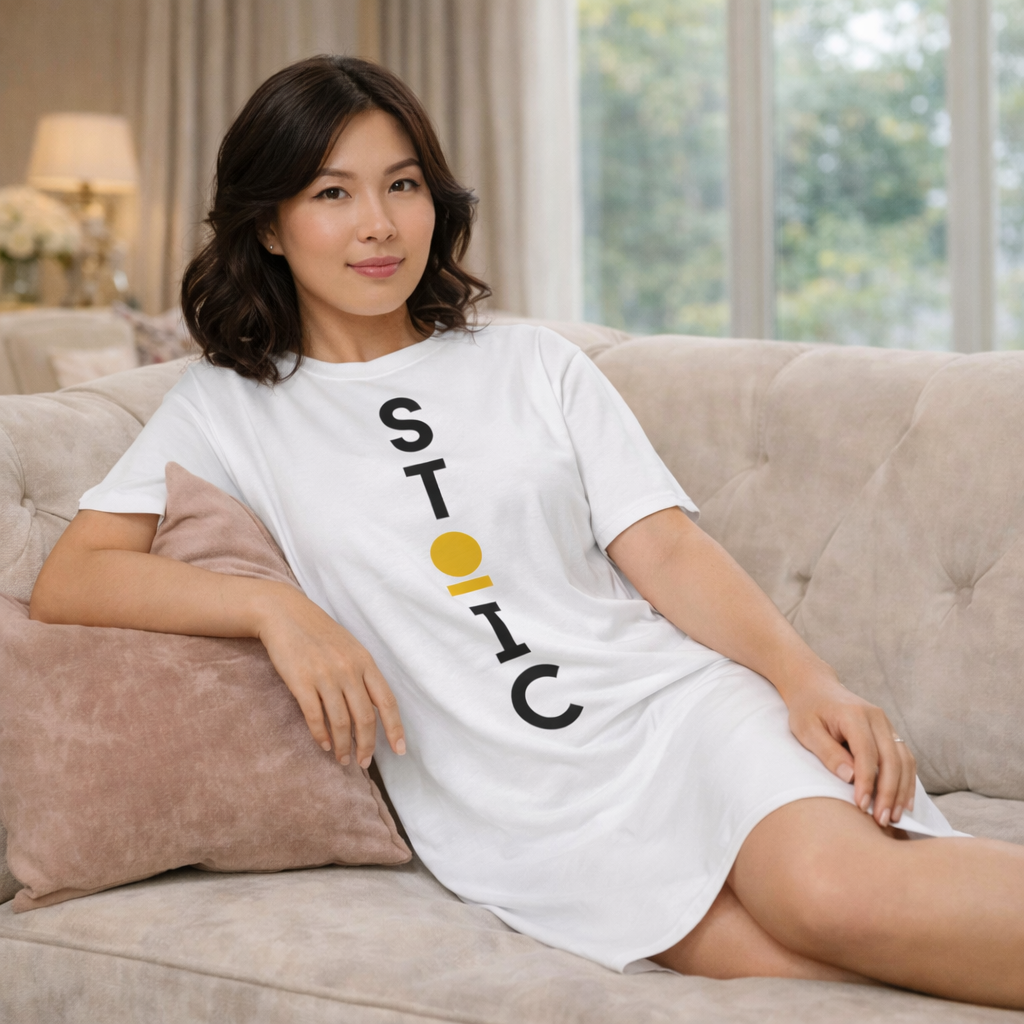 “Woman wearing white STOIC T-shirt dress with vertical chest logo, reclining on a sofa in a living room.”