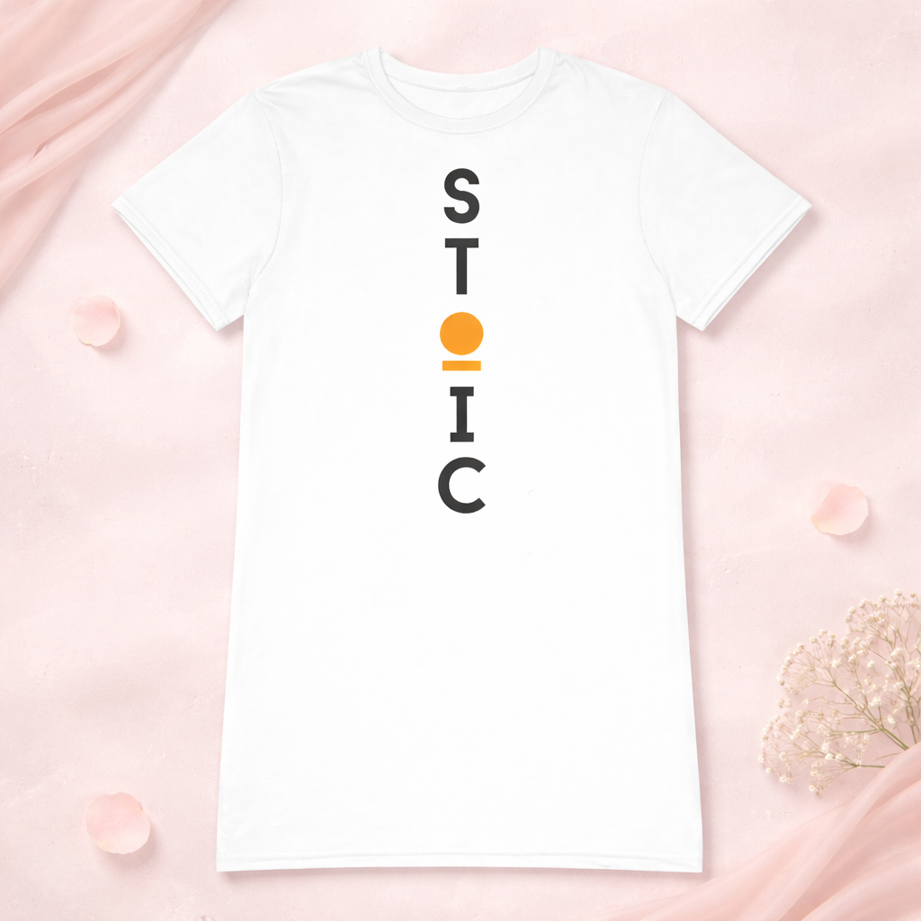 Front of a white t-shirt dress with vertical 'STOIC' logo on a pink background.