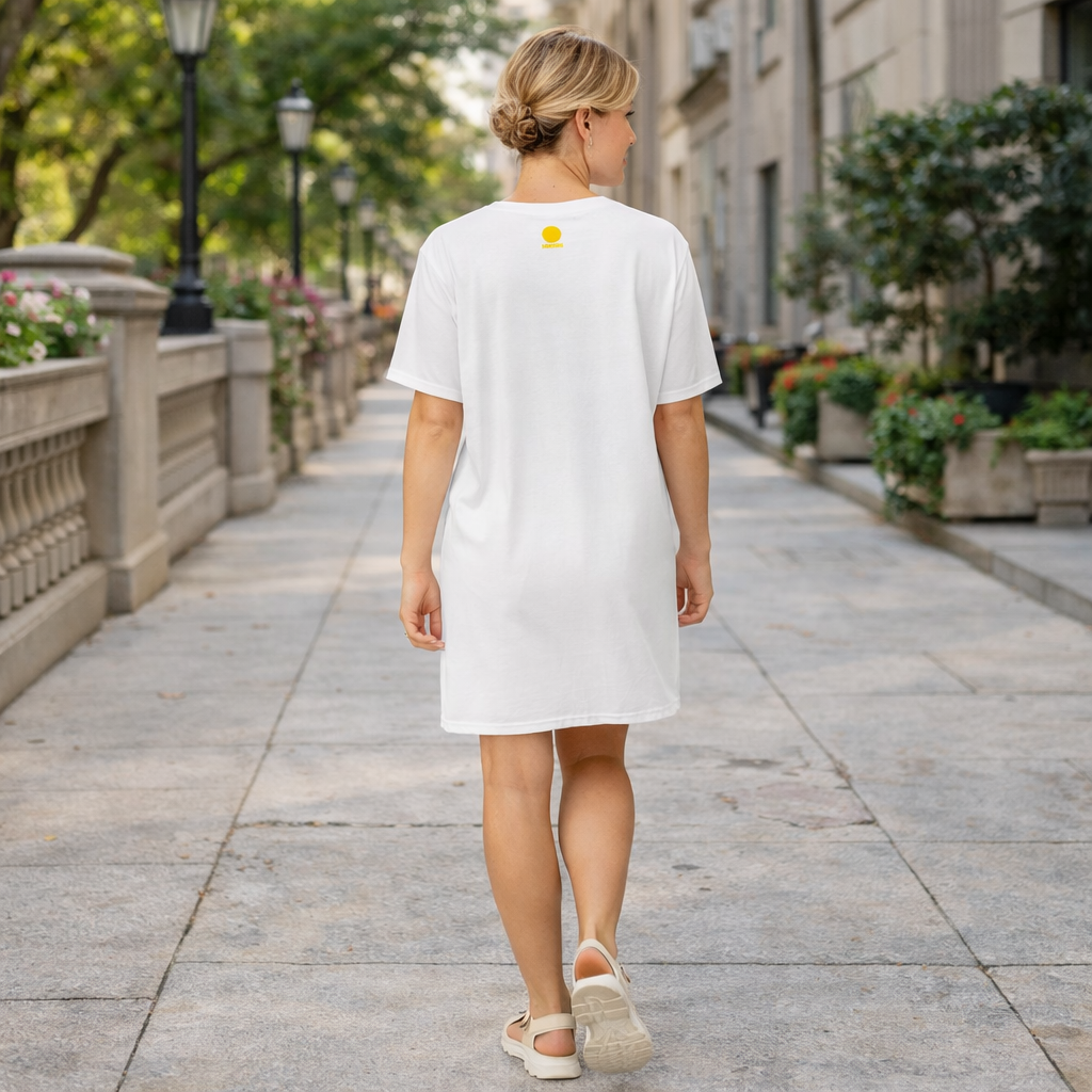 Back of a woman wearing a white t-shirt dress with STOIC logo on her upper back walking on a city street.