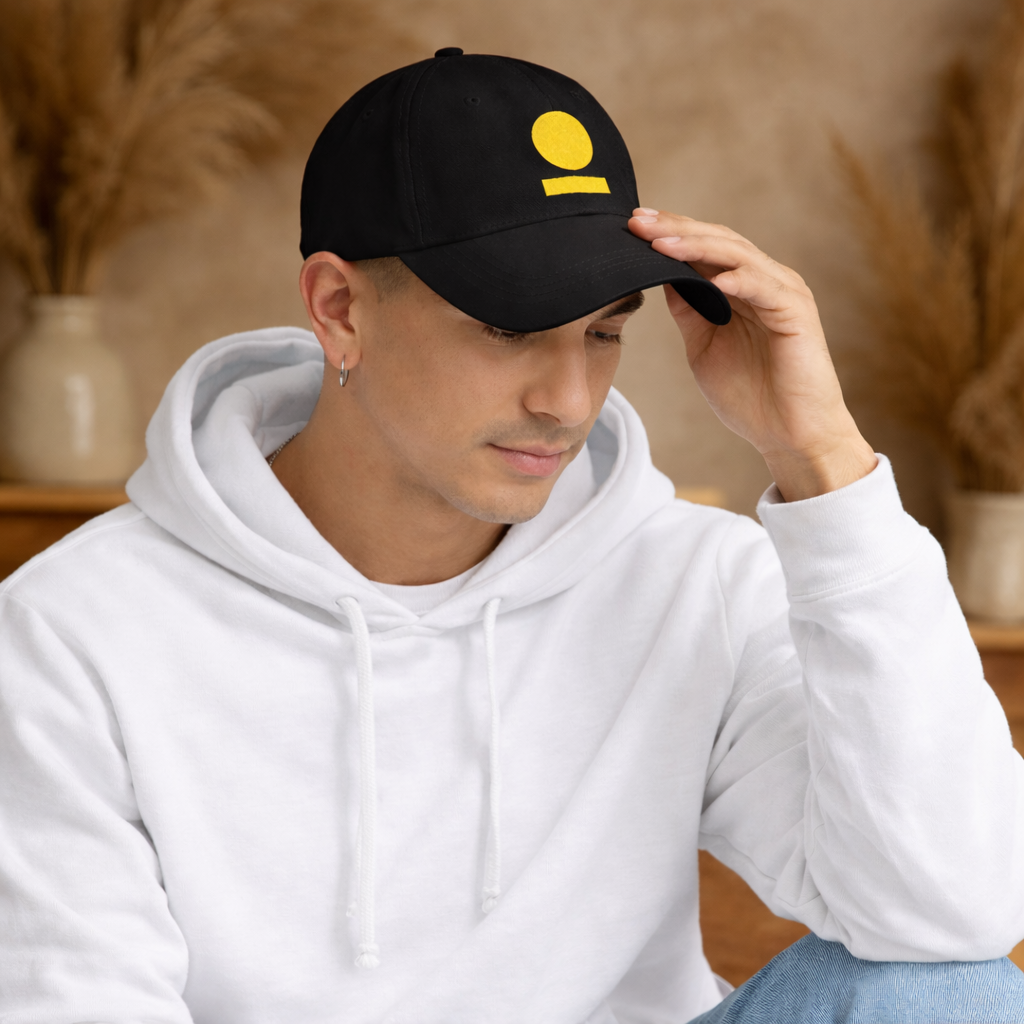 Man wearing a black STOIC cap with embroidered logo and a white hoodie, sitting indoors.