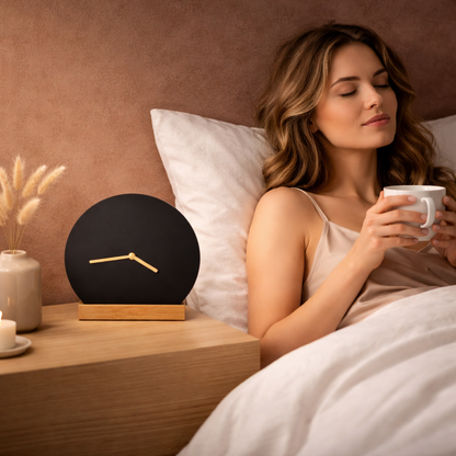 Woman in bed holding a mug next to a black clock on a wooden nightstand.