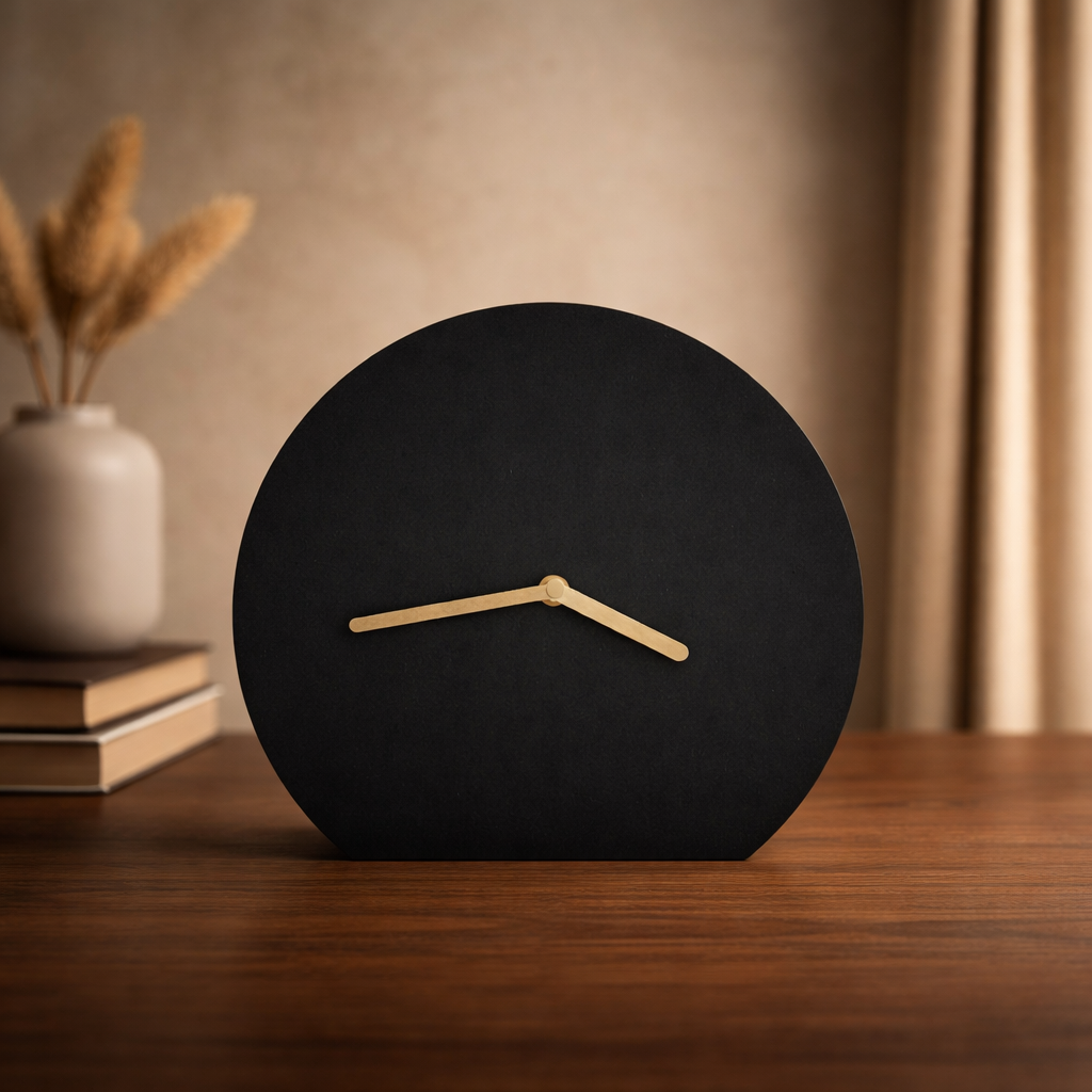 Minimalist black tabletop clock with gold hands on a wooden surface.