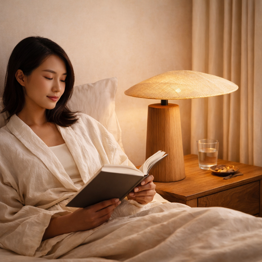 Woman in a robe reading a book in bed with a Wabi-Sabi lamp and glass of water on the nightstand.