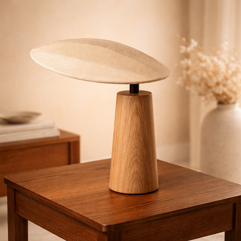 Wooden Wabi-Sabi table lamp with a beige shade on a wooden table.