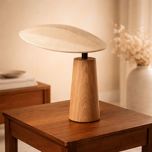 Wooden Wabi-Sabi table lamp with a beige shade on a wooden table.