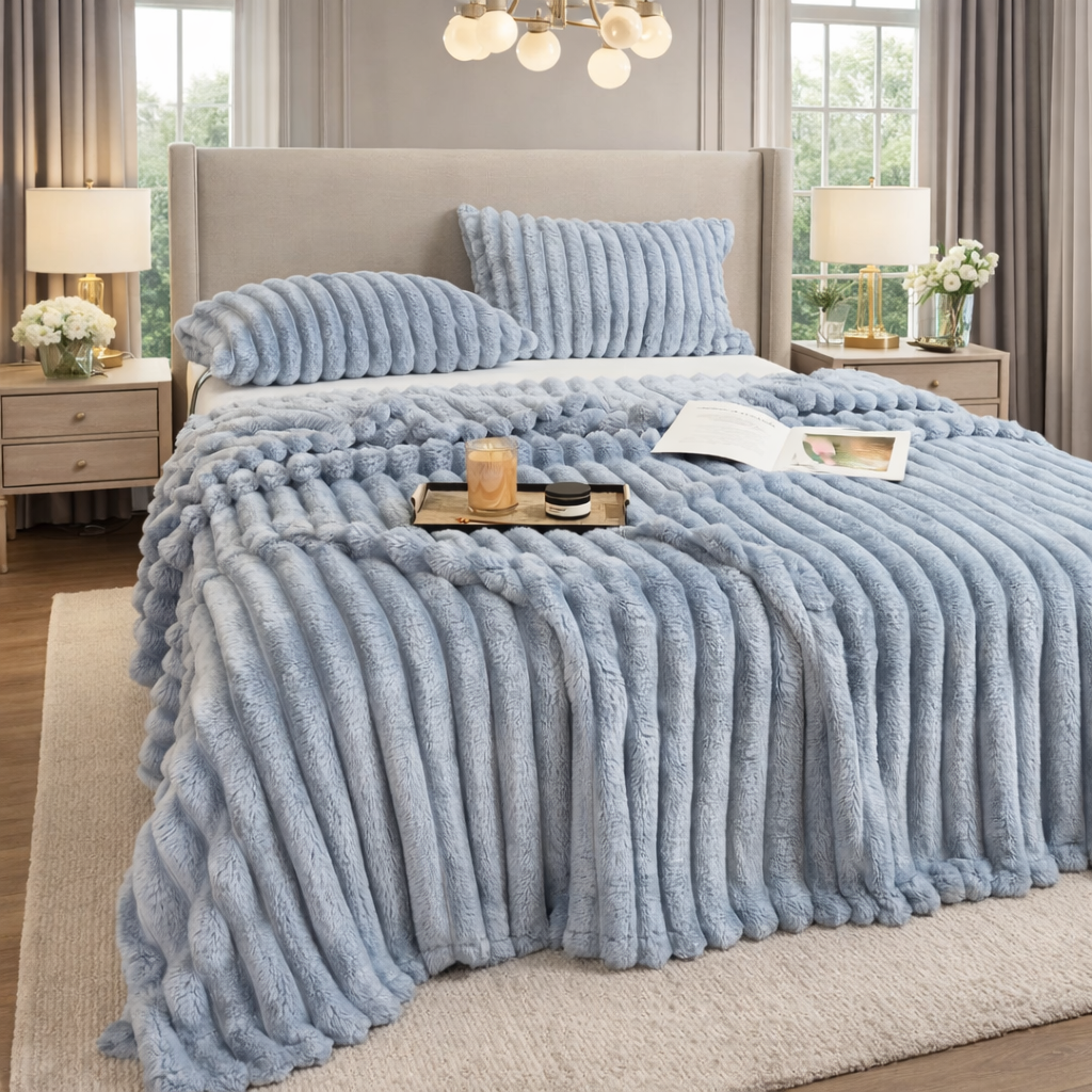 Light Blue grounding throw on a bed in a well-lit bedroom