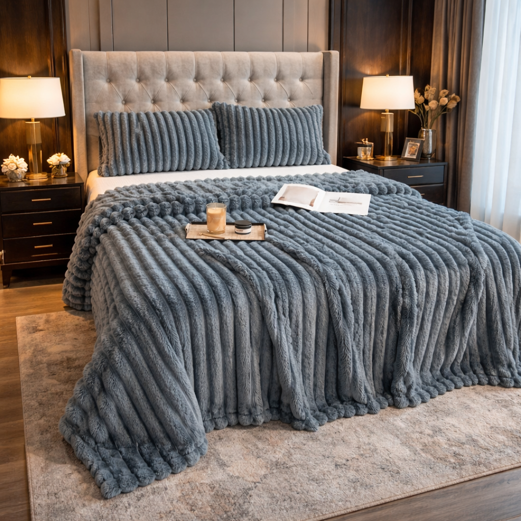 Dark gray grounding throw on a bed in a bedroom setting with lamps and decor.