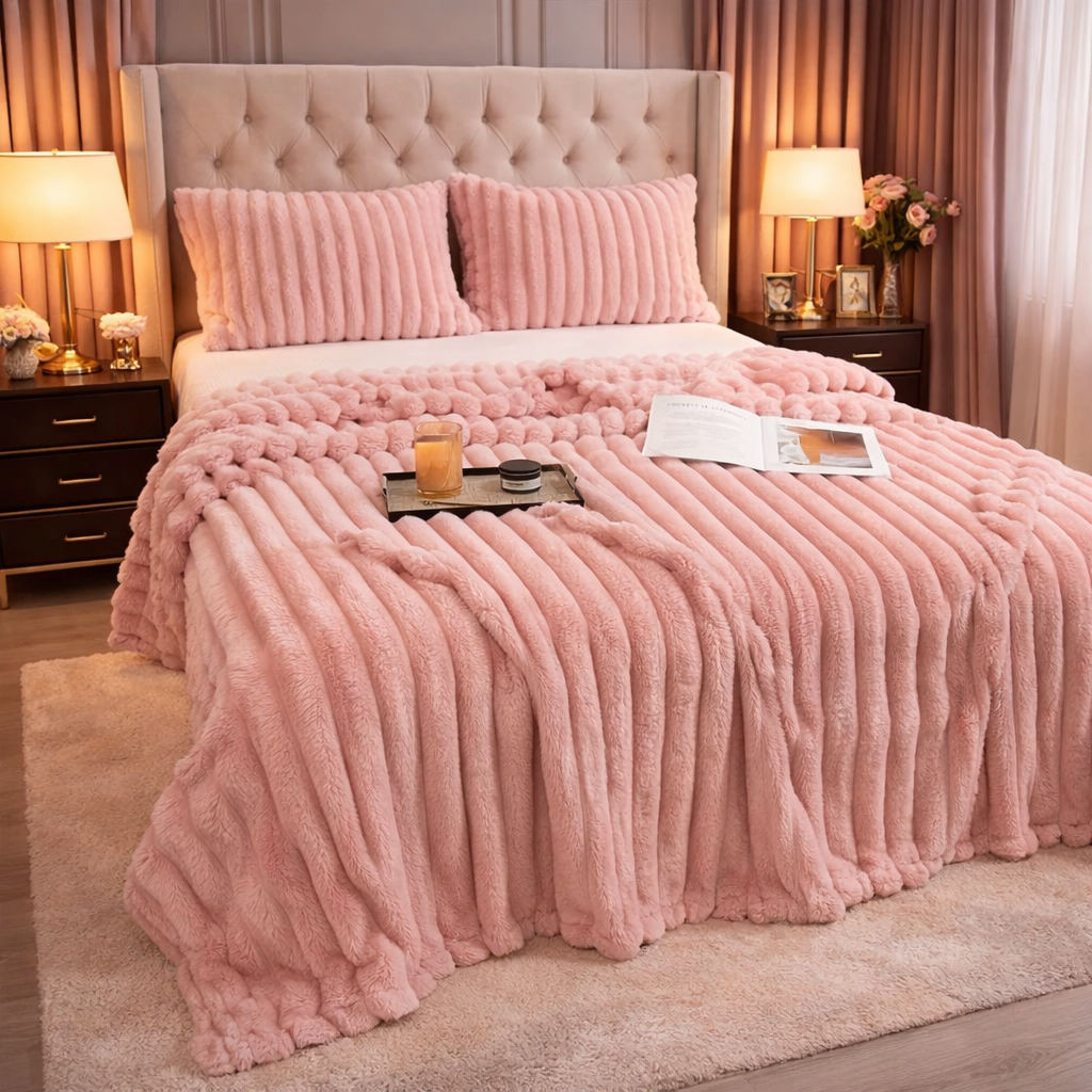 Pink grounding throw on a bed in a bedroom setting with lamps and decor.