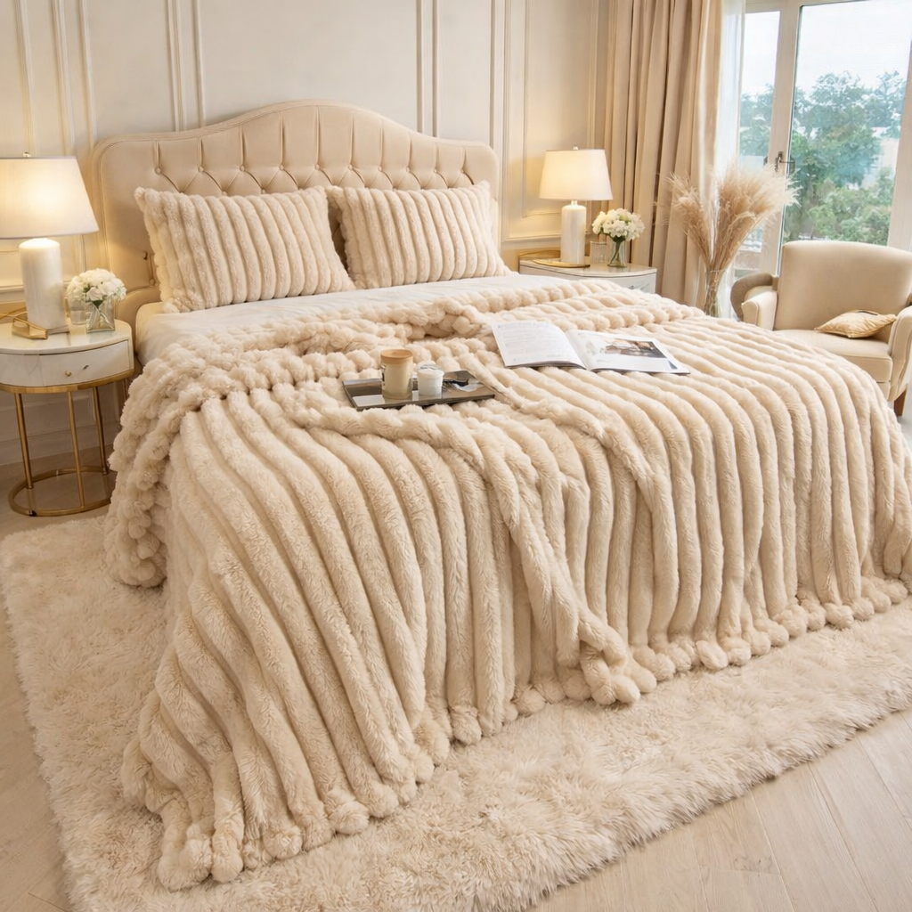 Khaki grounding throw draped over a bed in a stylish bedroom.