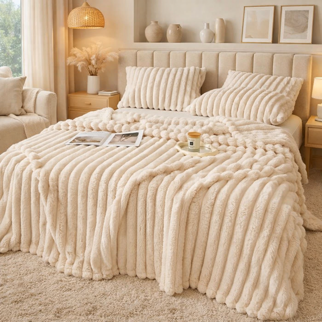 Bedroom with a bed covered in a grounding throw and pillows.