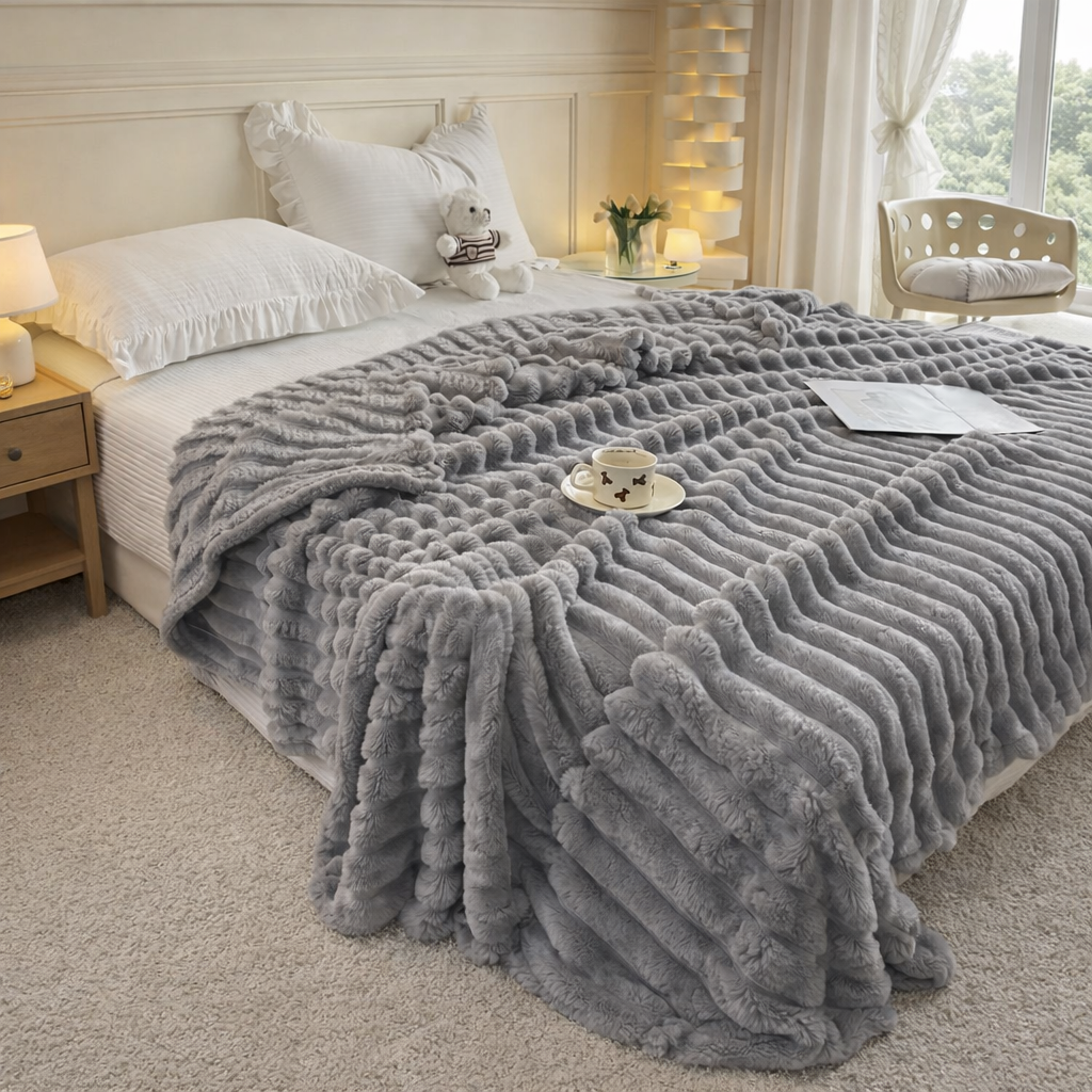 Light Gray grounding throw on a bed in a cozy bedroom setting
