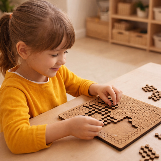 Child in a yellow sweater playing with a wooden puzzle on a table.