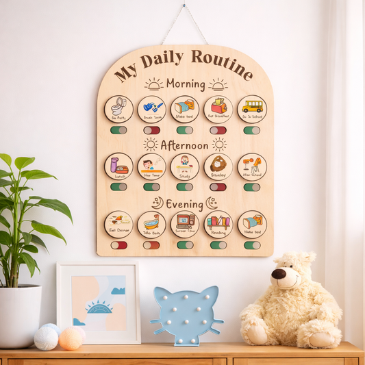 Wooden daily routine chart for children hanging on a wall with a teddy bear and plant in the background.