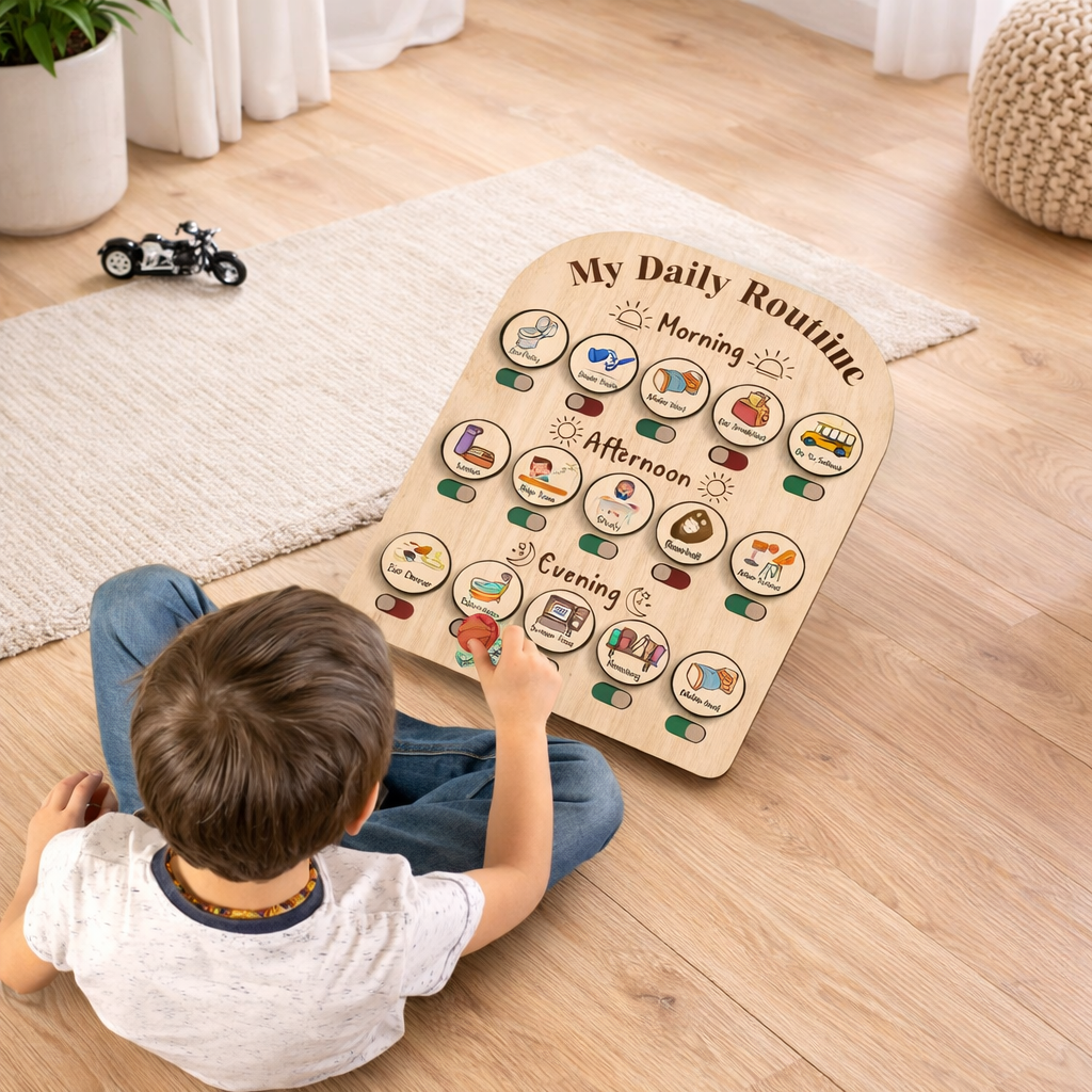 Child playing with a wooden daily routine chart on a wooden floor.