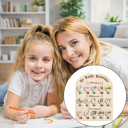 Woman and child lying on a couch with a 'My Daily Routine' chart inset.