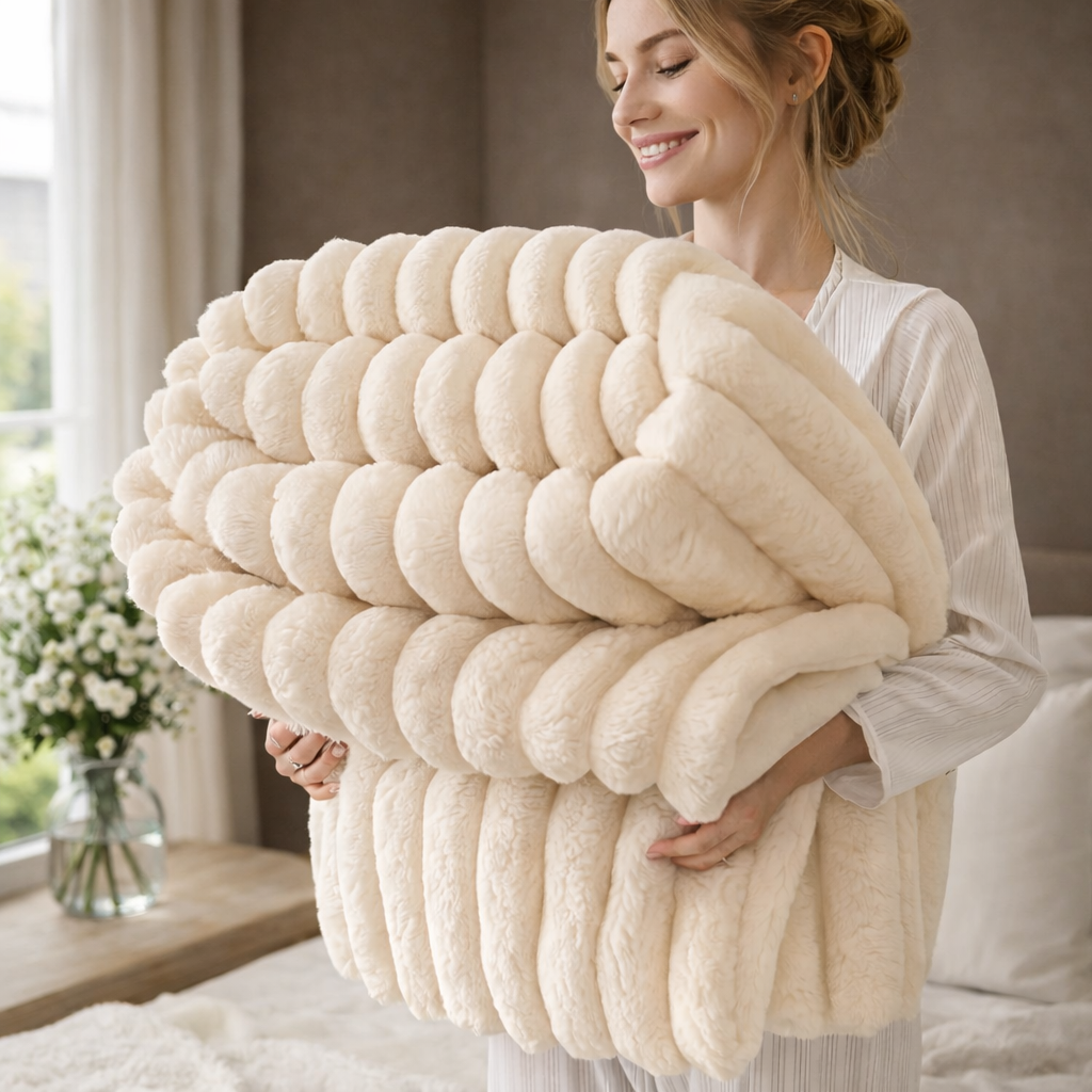 Woman holding a large, textured beige grounding throw in a cozy room.