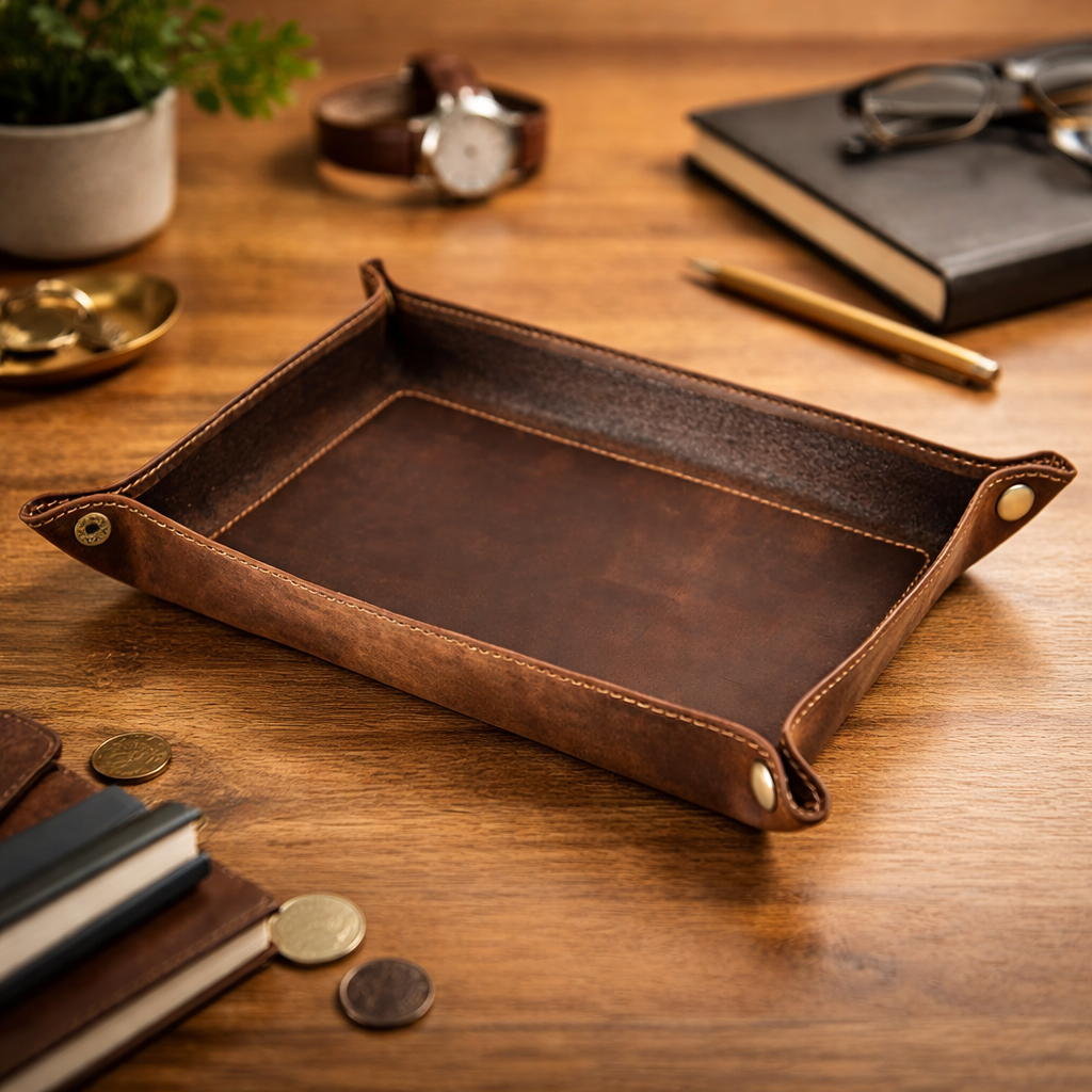Brown leather tray on a wooden surface with coins and a book.