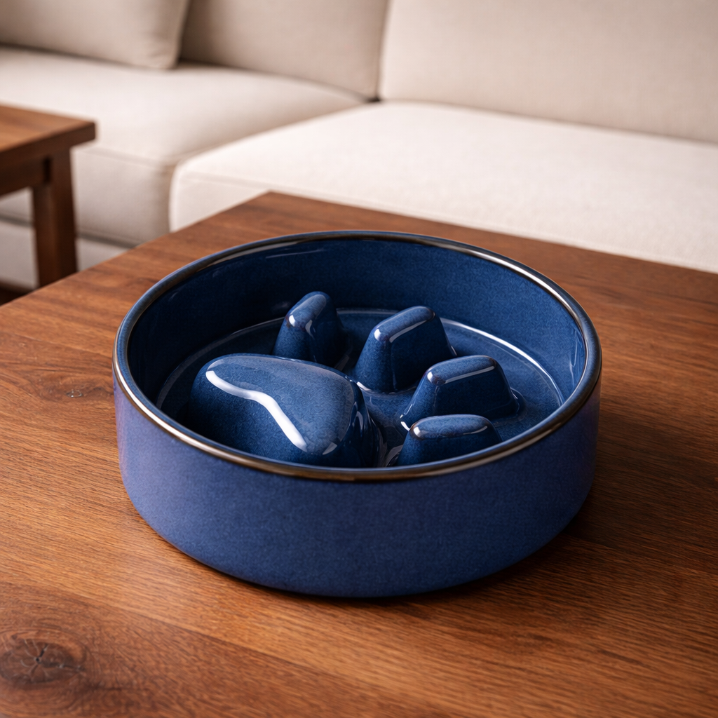 Blue ceramic slow feed bowl (no stand) with raised design on a wooden table