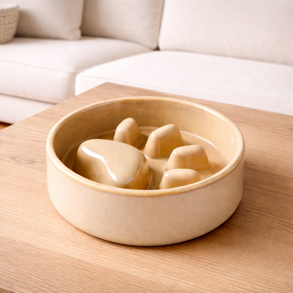 Beige ceramic slow feed bowl (no stand) with stone-like sculptures on a wooden surface